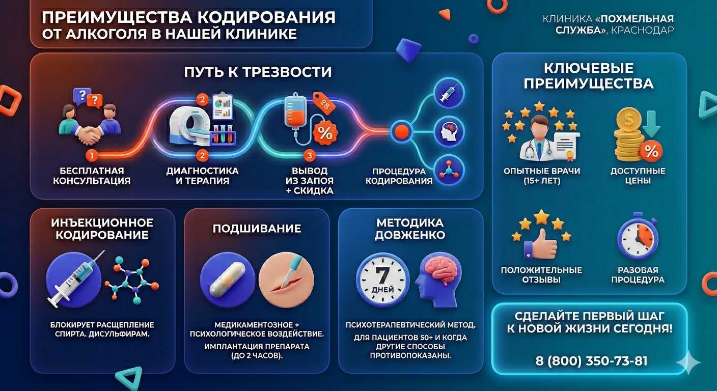 Инфографика о методах кодирования от алкоголя в Белорецке: инъекции, подшивание, метод Довженко. Преимущества клиники и этапы лечения.