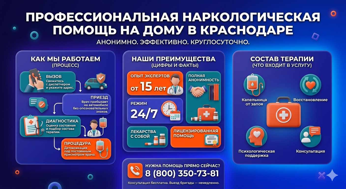 Инфографика о принципах лечения алкоголизма на дому в Белорецке: этапы вызова нарколога, преимущества анонимной детоксикации и состав медицинской помощи.